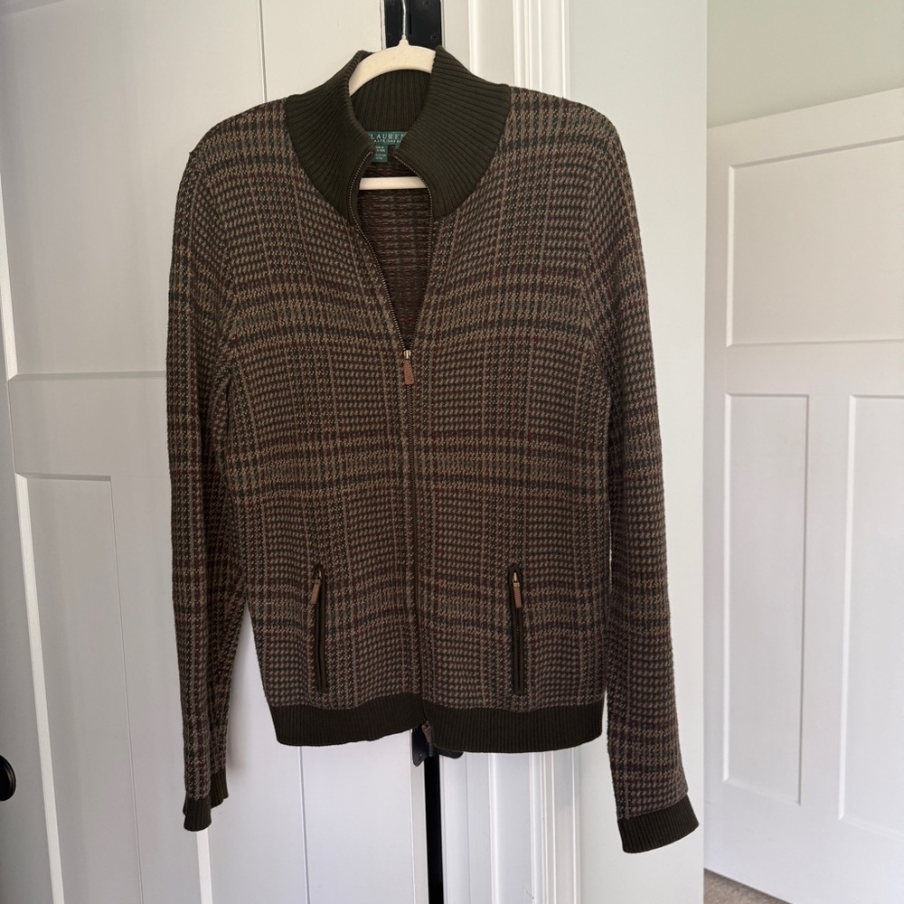 Vintage Lauren Ralph Lauren Zip Jacket Brown Plaid Green‎ Brown Red Mock Neck